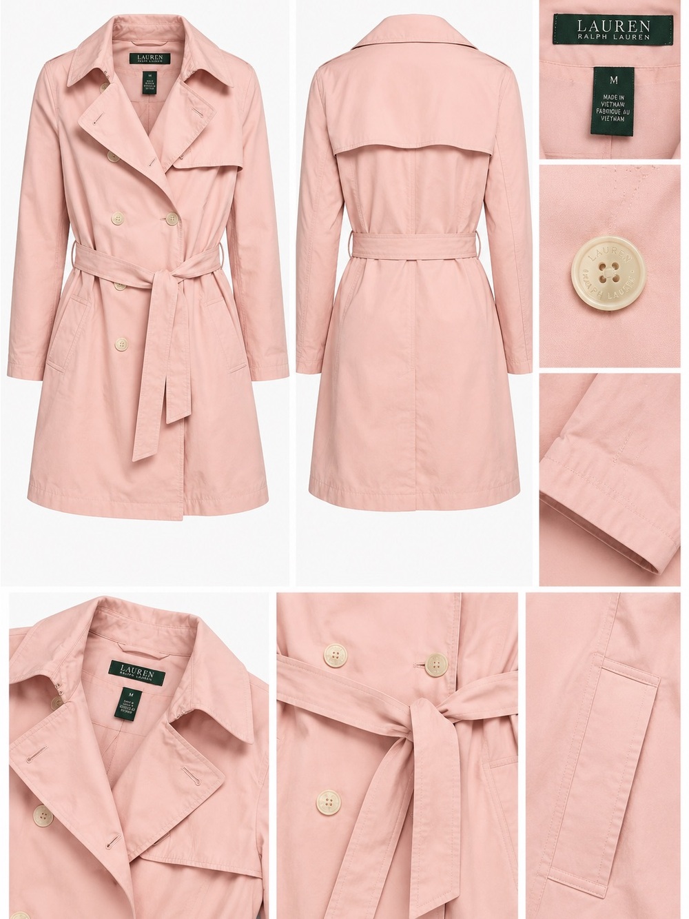 Lauren Ralph Lauren Light Pink Double-Breasted Trench Coat with Belt